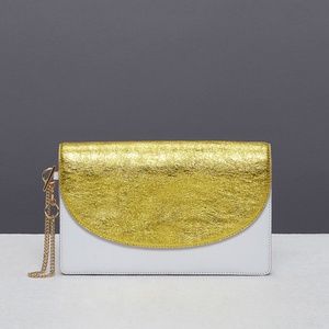 DVF Diane Von Furstenberg Metallic Saddle Evening Clutch Gold White Retail $228